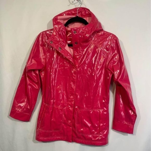 COLUMBIA girls hot pink raincoat. Hooded. Pockets. Size 10/12. New condition.